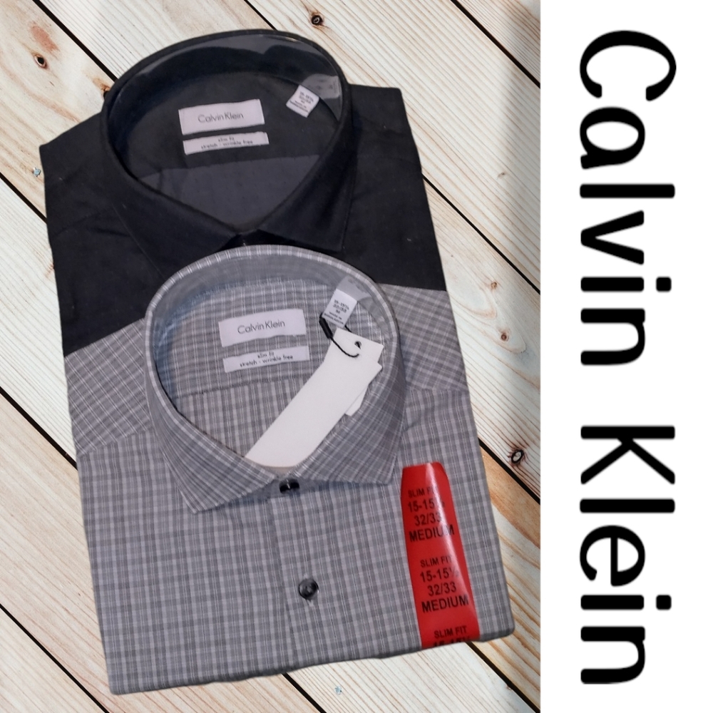 Calvin Klein Men's Slim Fit 2 Pack Dress Shirts Long Sleeve Size 32-33 Medium